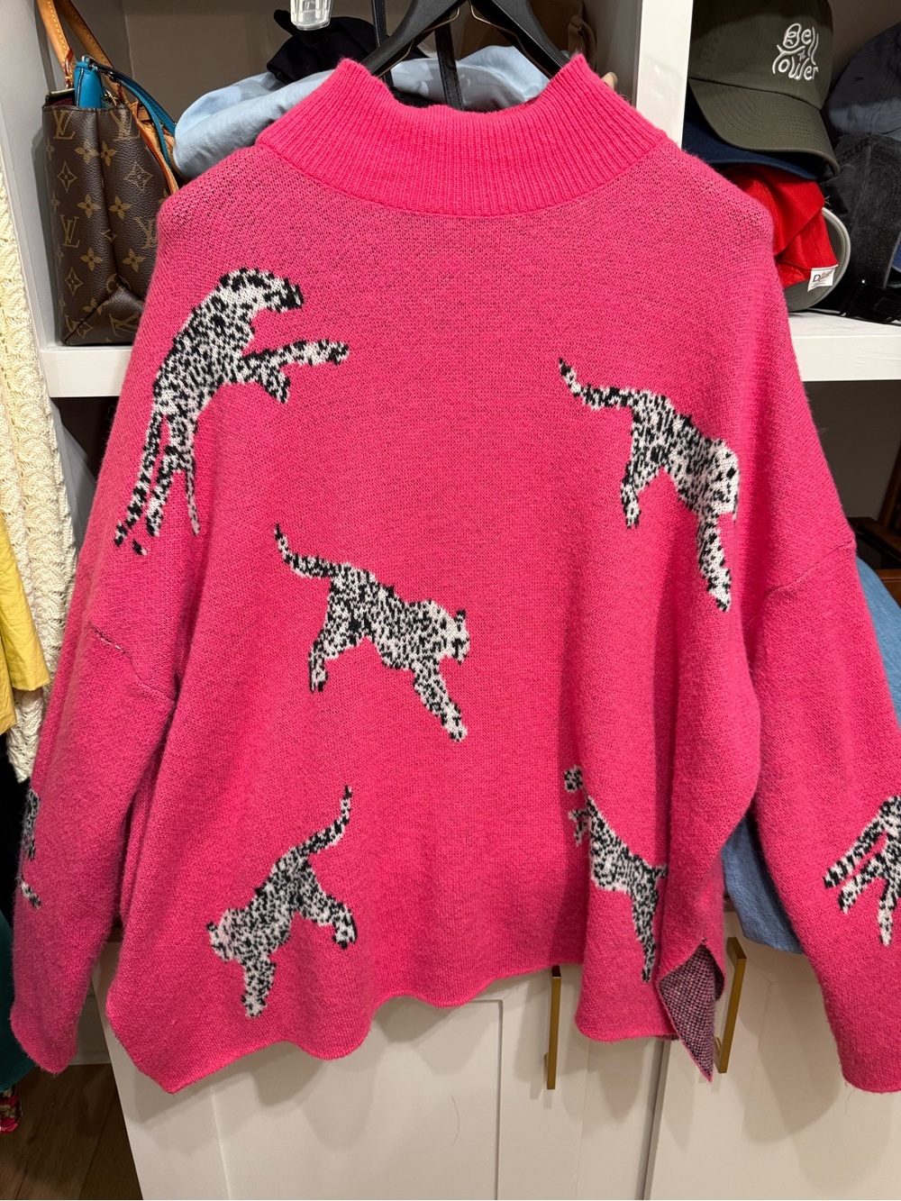 SHEIN Hot Pink Leopard-Pattern Mock Neck Sweater